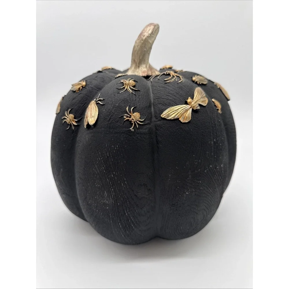 Black Resin Pumpkin with Gold Bugs